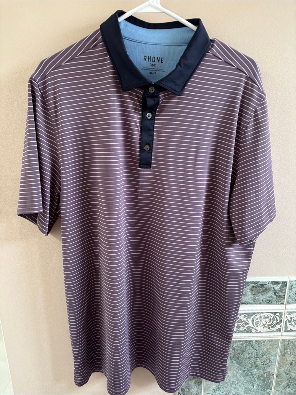 RHONE Golf Sport Polo Men’s Mauve Stripe with Black Collar